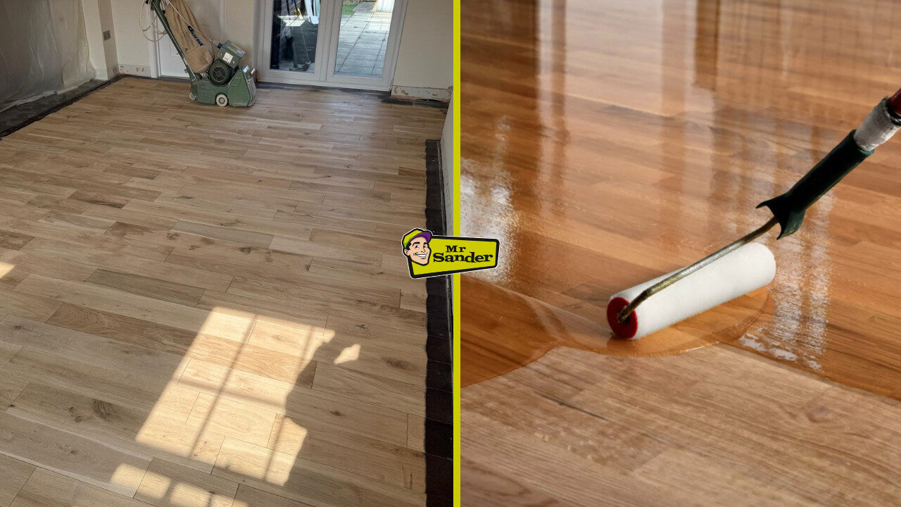 Floor Sanding and Oil Finishes – split-screen shows dustless drum sander on bare boards and roller laying clear oil, branded Mr Sander