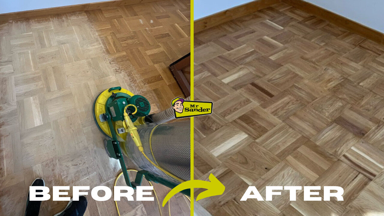 Before and after Floor Sanding and Restoration of a parquet floor: left shows the dustless sanding machine in action, right shows the fully restored honey‑toned finish by Mr Sander®.