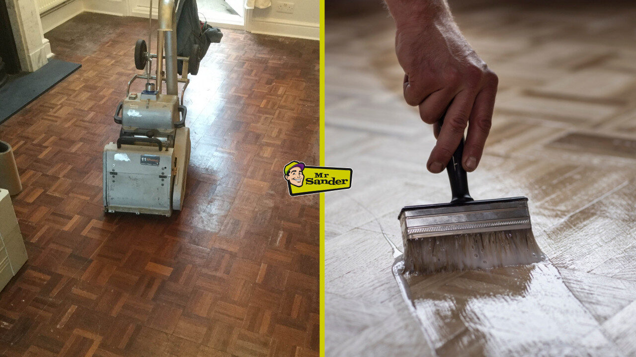 Before‑and‑after collage of Floor Sanding and Restoration: left shows a drum sander on a scratched parquet floor, right shows a hand applying clear lacquer to freshly sanded wood.