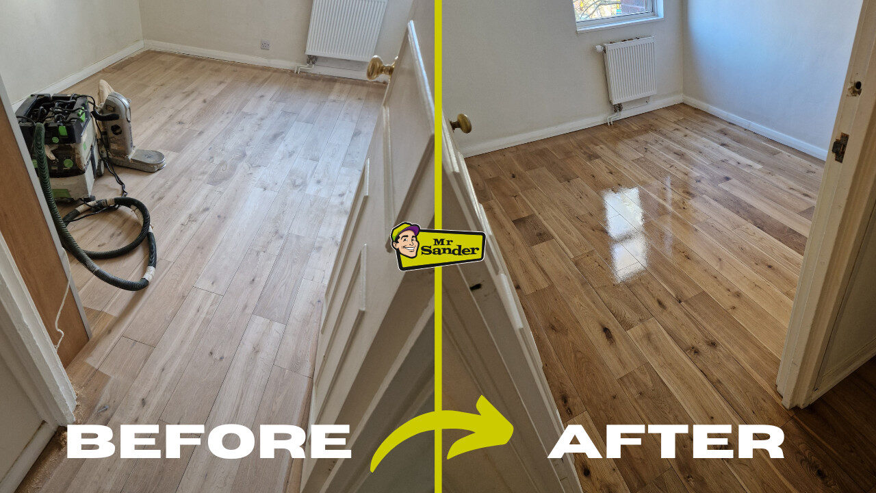 Floor Sanding and Waxing transformation of a solid oak bedroom floor – left side shows pale sanded boards with dust-free sanding machine, right side gleams after wood floor waxing and buffing by Mr Sander®.