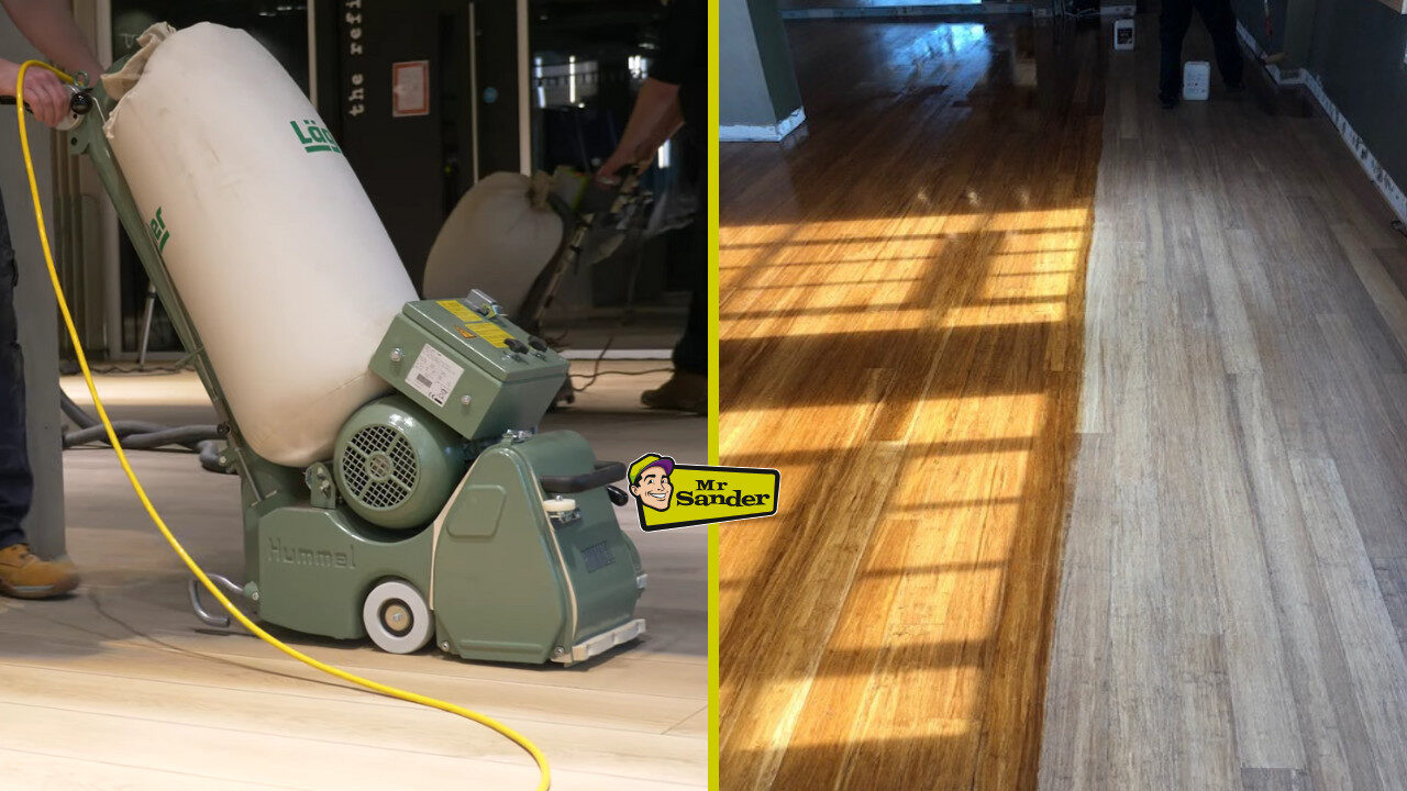 Floor Sanding and Waxing in action on an oak plank floor – a Lagler Hummel sander on the left, freshly wax-finished boards on the right, showing the dramatic transformation of wood floor waxing and dust-free floor sanding.