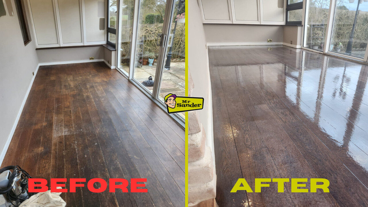 Before-and-after comparison of a worn wooden floor transformed with professional Floor Sanding for New Floors, revealing a smooth, glossy, and rejuvenated surface.