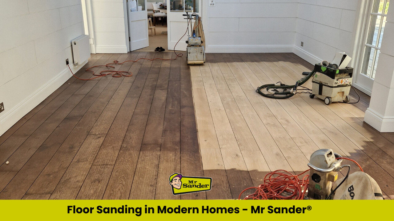 A modern living room floor halfway through a sanding process, revealing a stark contrast between the dark, worn section and the newly sanded, lighter wood finish. Floor Sanding in Modern Homes by Mr Sander®.