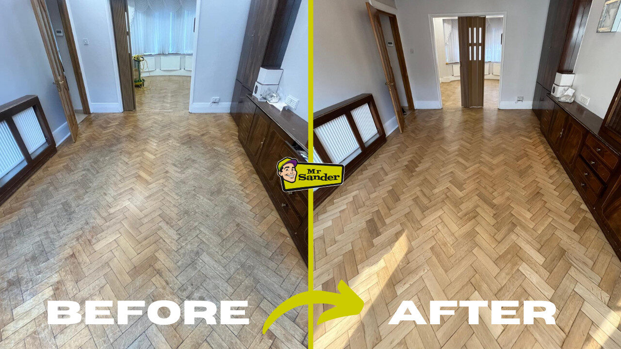 Before-and-after comparison of parquet floor sanding in a rental property, showing the dull, worn boards revived to a warm, honey-toned finish by Mr Sander®