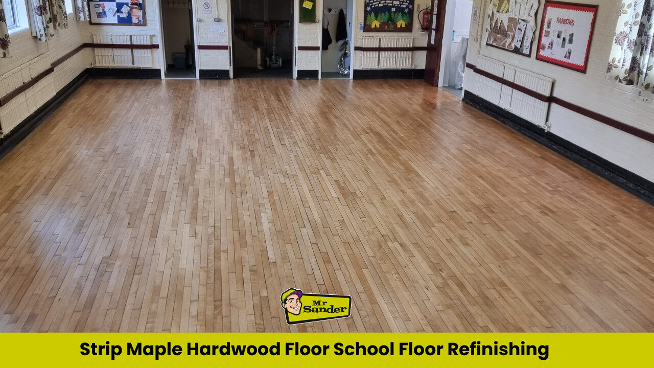 Freshly refinished strip maple hardwood school floor, showcasing the benefits of Floor Sanding in Schools and Hospitals for a clean, durable surface.