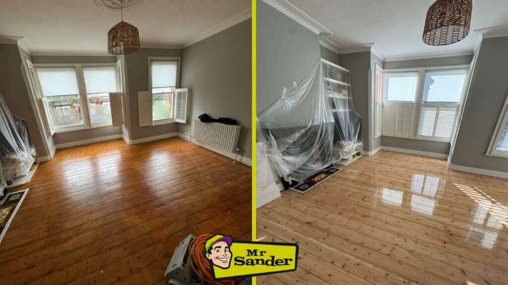 A before-and-after comparison of a living room floor restoration project by Mr Sander® The left side shows a dull, worn wooden floor, while the right side features a beautifully sanded and refinished pine wood floor with a glossy finish. The room is protected with furniture covered in plastic during the refinishing process.