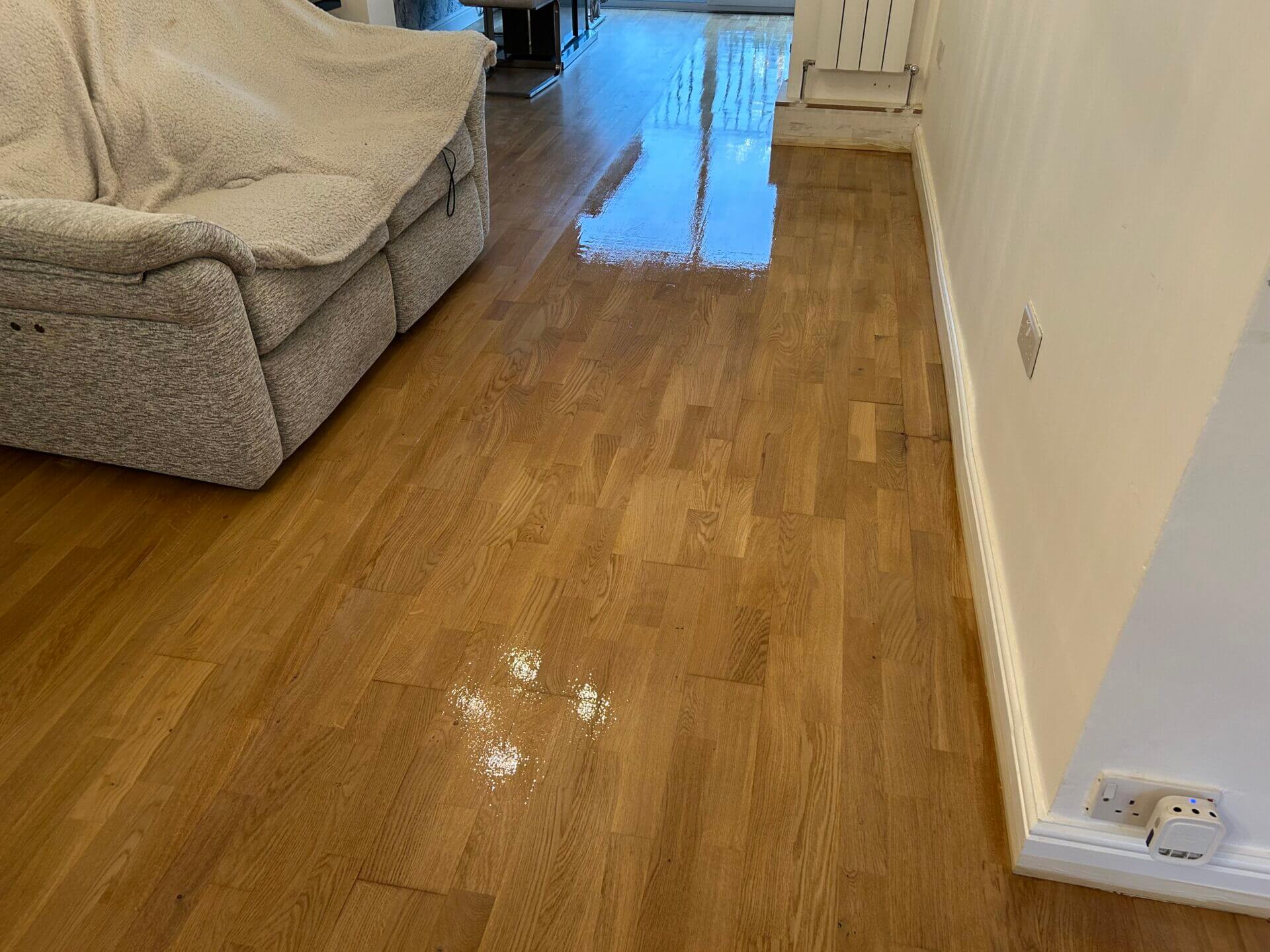 Newly finished wooden living room floor reflecting a fresh varnish application, illustrating the final stage of Floor Sanding and Color Choices.