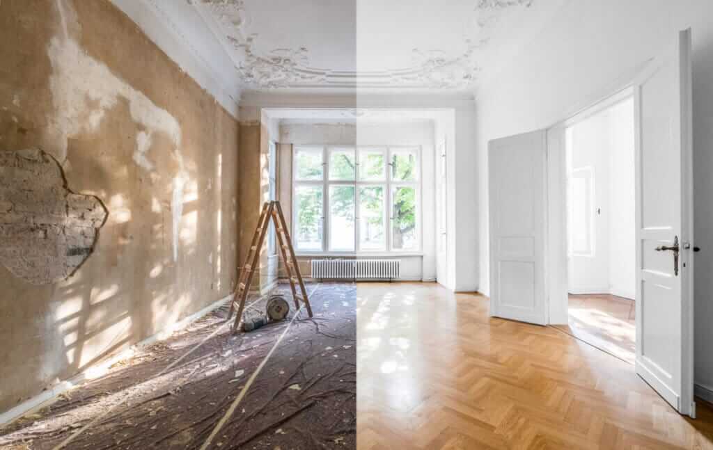 A split-screen image showing a room mid-renovation on the left, with exposed walls and a ladder, and the completed, restored space on the right with polished herringbone flooring and freshly painted white walls.