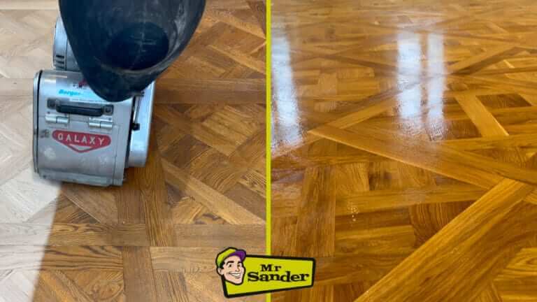 A floor sanding machine from the brand "Galaxy" is being used to sand a parquet floor, restoring its original wooden pattern. The left side of the image shows the floor in its dull, unfinished state, while the right side displays the same parquet floor after being refinished with a glossy, polished look. The "Mr Sander®" logo is positioned at the bottom, featuring a cartoon character with a smiling face.