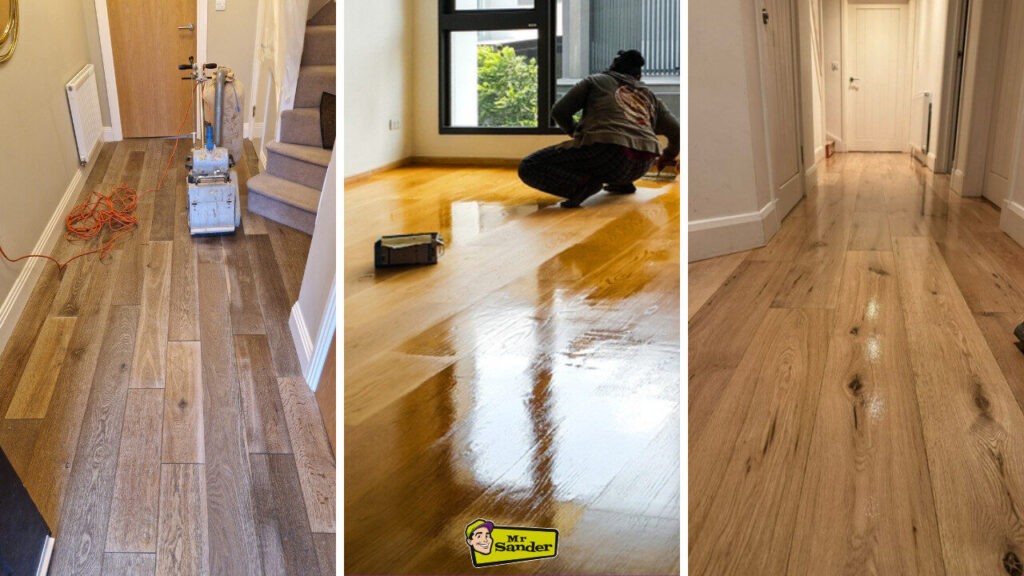 A three-panel collage showing floor sanding equipment on a dark hardwood floor, a worker applying a glossy protective finish, and a freshly restored hallway floor, illustrating the full process of Preparing Your Floor for Sanding.