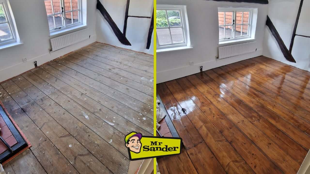 Before and after images of a beautifully restored bedroom floor with pine wood boards and exposed beams, professionally sanded and refinished by Mr. Sander® in Fulking.