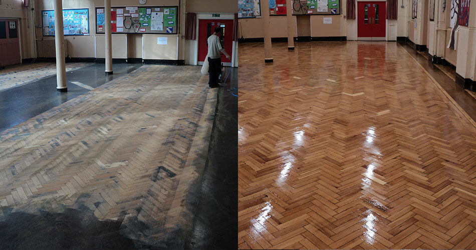 A floor refinishing project at Goodridge School showing newly oiled flooring.