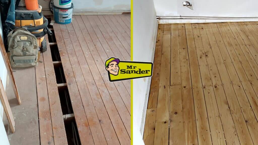 A before-and-after image of a hardwood floor restoration project by Mr. Sander®. The left side shows the floor before refinishing, with visible damage and missing boards, while the right side shows the floor after refinishing, with a smooth and polished appearance.