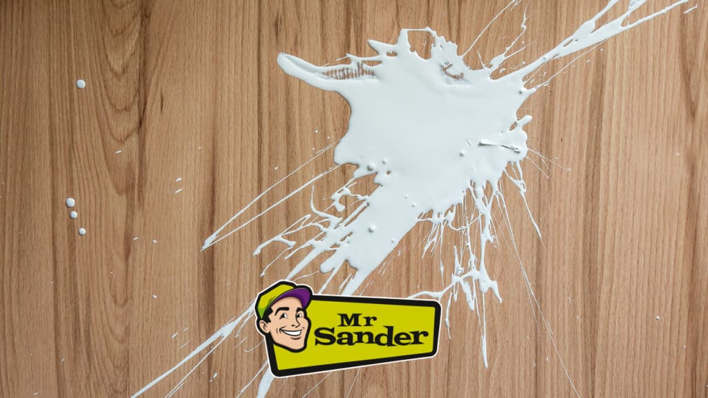 Spilled white paint on a smooth wooden floor surface with Mr Sander® logo, highlighting the challenges of maintaining floor finish during refinishing projects.