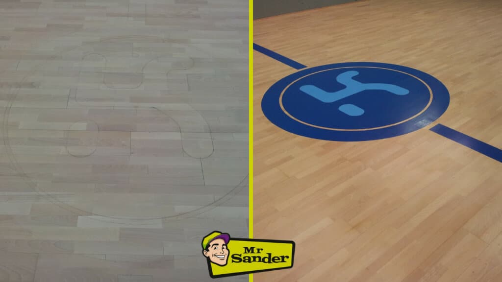 Before and after comparison of a sports hall maple wooden floor with a painted logo in Borehamwood, UK, showing the results of floor sanding and refinishing by Mr. Sander®.
