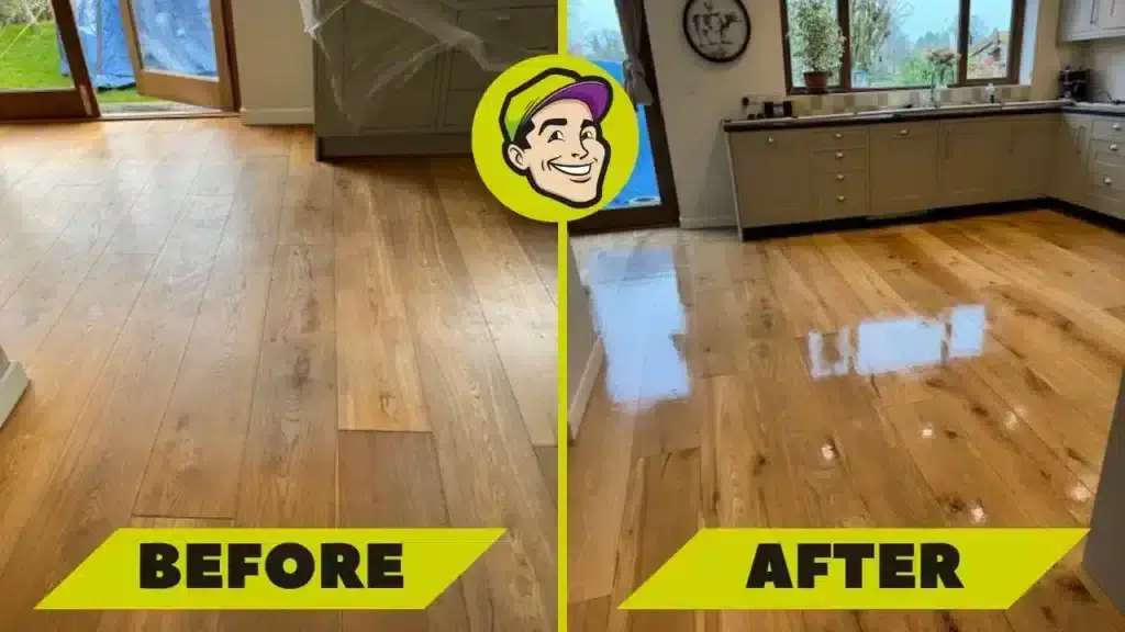 Before and after images of floor sanding and refinishing done by Mr Sander® in Gants Hill, UK. The left image shows an unfinished oak plank floor, and the right image shows the same floor fully sanded and refinished to a glossy, smooth finish.