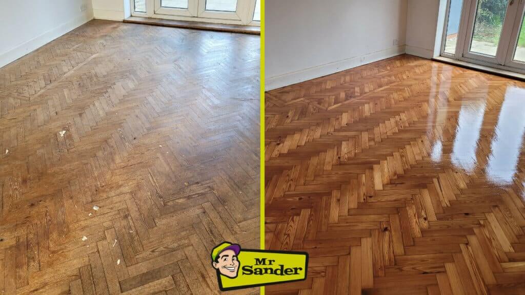 A before-and-after comparison of a parquet flooring restoration by Mr Sander®. The left side shows a worn and scratched parquet floor, while the right side showcases a beautifully restored and polished parquet floor, highlighting the effectiveness of professional restoration. This image accompanies the blog post titled "Reclaim Your Home's Elegance: The Untold Secrets to Flawless Parquet Flooring Restoration."
