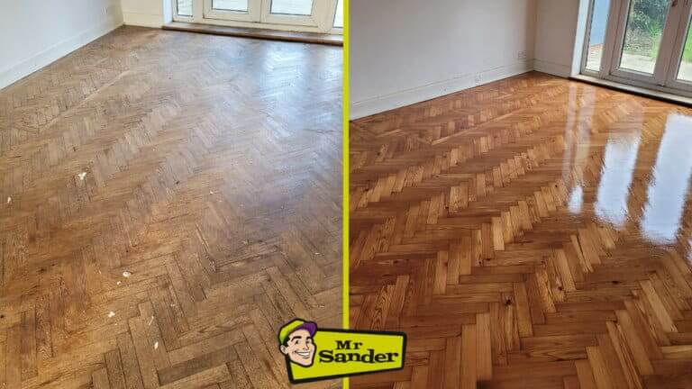 A before-and-after comparison of a parquet flooring restoration by Mr Sander®. The left side shows a worn and scratched parquet floor, while the right side showcases a beautifully restored and polished parquet floor, highlighting the effectiveness of professional restoration. This image accompanies the blog post titled "Reclaim Your Home's Elegance: The Untold Secrets to Flawless Parquet Flooring Restoration."