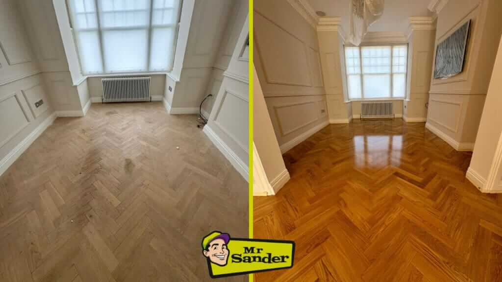 Before and after images of a herringbone wooden floor in a room with large windows, showing the transformation from a dull, unfinished surface to a glossy, polished finish.