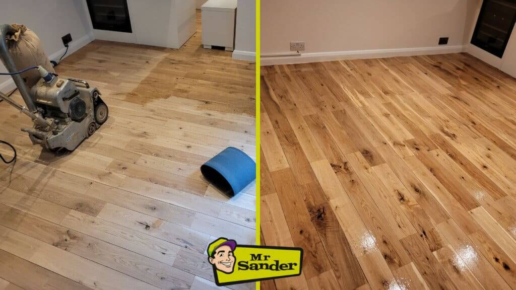 Before and after comparison of floor sanding and refinishing by Mr Sander® in Richmond, UK. The image shows the transformation of a solid oak hardwood floor from a sanded, unfinished state to a polished, glossy finish, highlighting the effectiveness of the service.