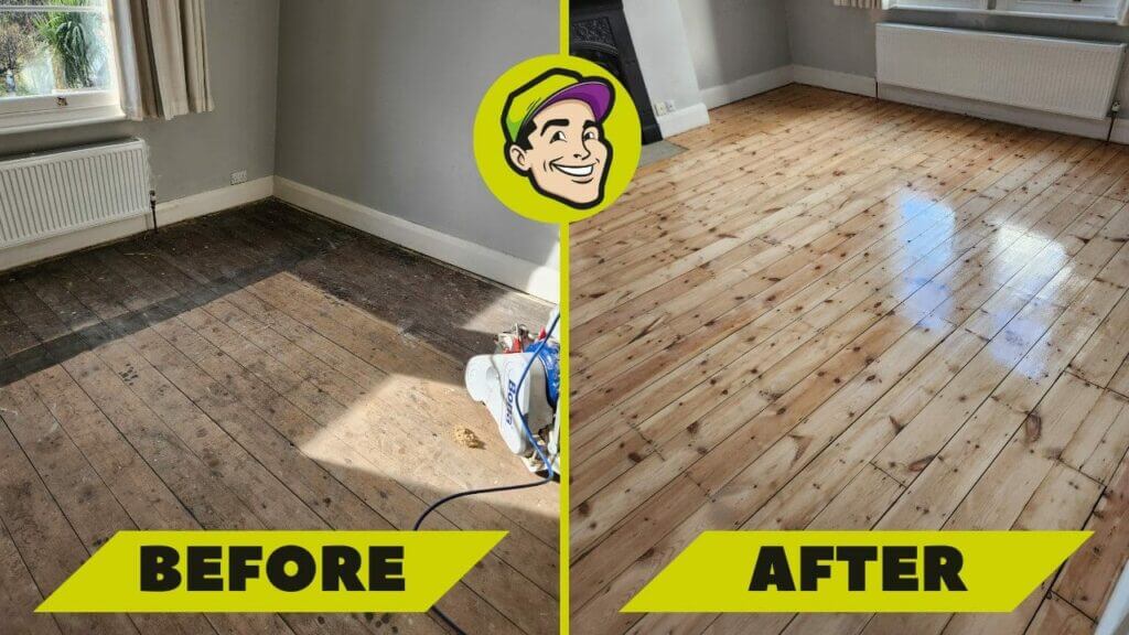 Before and after images of a wooden floor in Clapham Junction, UK, showing the results of sanding and refinishing by Mr Sander®. The left image displays the unfinished wooden floor with a sanding machine, while the right image showcases the beautifully restored, polished wooden floor.