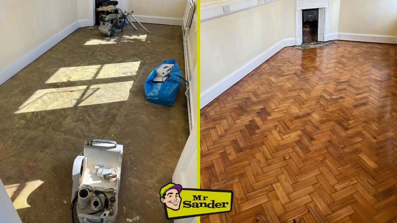 Before and after comparison of a parquet wood floor in Euston, UK, skillfully restored by Mr Sander. The left side shows the worn, dull, and unrefined parquet floor before sanding, while the right side highlights the beautifully restored, shiny, and polished parquet floor after expert sanding and refinishing. Professional sanding equipment is visible on the left side, emphasizing the high-quality tools used in the process. The transformation showcases the significant improvement in appearance and craftsmanship.