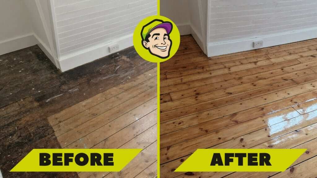 A side-by-side image showing the restoration process of a wood floor by Mr Sander® in a home located in, UK. The left side depicts the floor in its original condition with visible scratches and wear. The right side showcases the restored floor with a smooth, even surface and a rich, warm finish. Mr Sander®'s restoration process likely involved sanding and refinishing the floor.