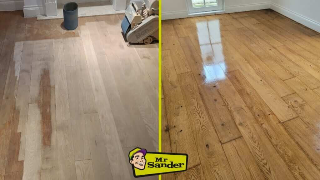 Before and after comparison of an oak wooden floor in Biggin Hill, UK, showing the results of floor sanding and refinishing by Mr. Sander®.