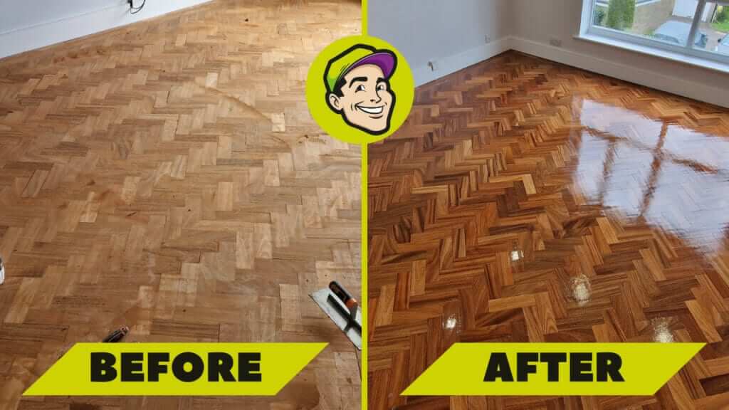 A before-and-after comparison image of floor sanding and refinishing by Mr Sander® in Farnborough, UK. The left side displays a herringbone parquet floor that appears dull and unfinished, while the right side shows the same floor beautifully restored with a rich, glossy finish.