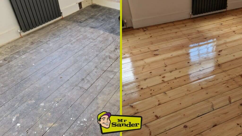 A side-by-side comparison showcasing the dramatic transformation of a pine wood floor in Euston, UK by Mr Sander. The left side displays the worn, dusty, and unfinished pine floor before sanding, while the right side reveals the beautifully restored, shiny, and polished pine floor after expert sanding and refinishing. The image highlights the significant improvement and professional craftsmanship of Mr Sander.