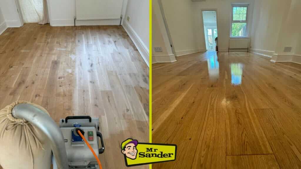 A before and after comparison of a wooden floor in Brentwood, UK, showcasing the transformation by Mr Sander®. The left side of the image shows the floor during the sanding process, with a sanding machine visible. The right side of the image displays the floor after sanding and refinishing, with a smooth, shiny finish.