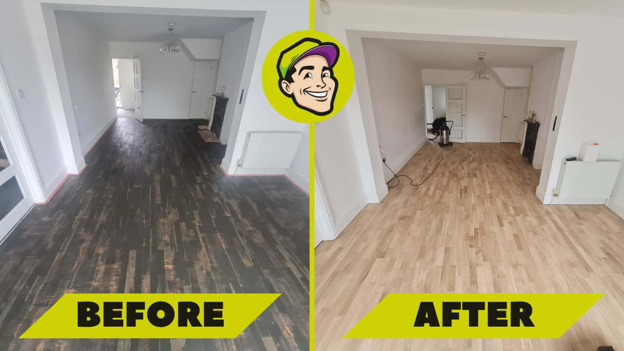 A comparison image showing an oak floor before and after sanding and refinishing by Mr. Sander in Chingford, UK. The left side shows the floor with a dark, worn finish, while the right side displays the same floor beautifully restored with a light, natural finish.