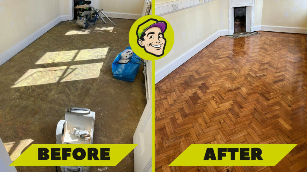 Before and after images of a living room in a home in East Acton, UK, showing the transformation of a herringbone parquet floor sanded and refinished by Mr. Sander. The floor has been restored from a dull, worn-out state to a polished, glossy finish.

