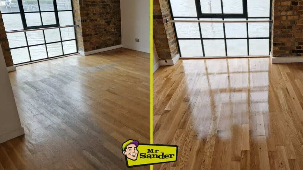 Before and after transformation of a stunning wooden floor overlooking a riverside view in Hayes, refinished by Mr Sander®.