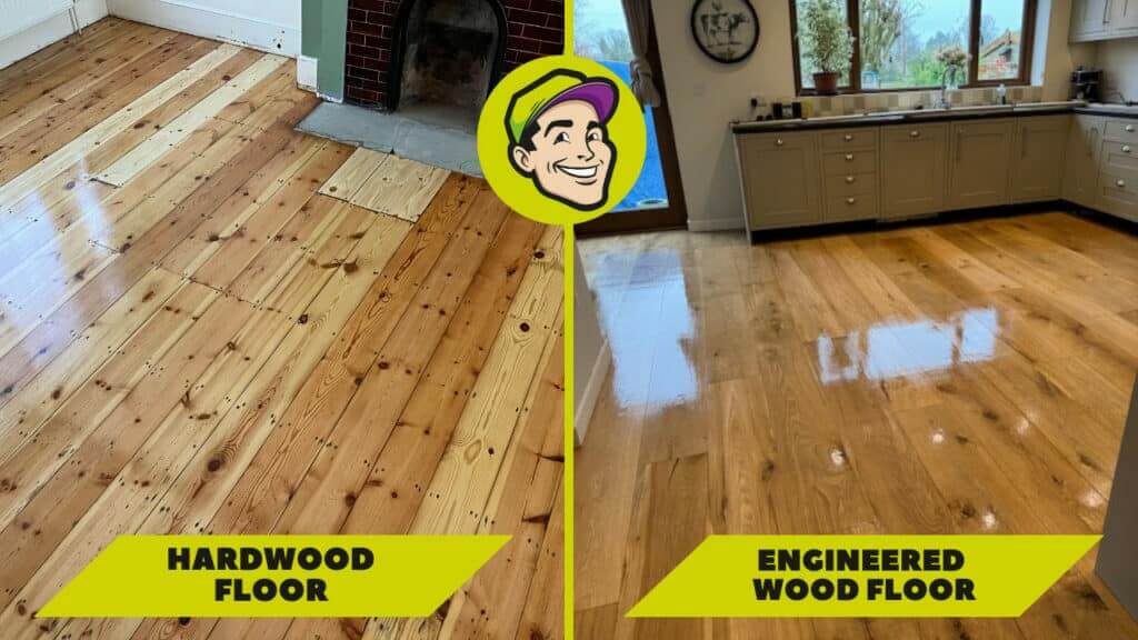 A side-by-side comparison image highlighting the difference between a hardwood floor and an engineered wood floor. The left side shows a hardwood floor with some patchy areas, while the right side features a newly finished engineered wood floor in a bright, modern kitchen. The Mr. Sander logo is displayed at the center top of the image.