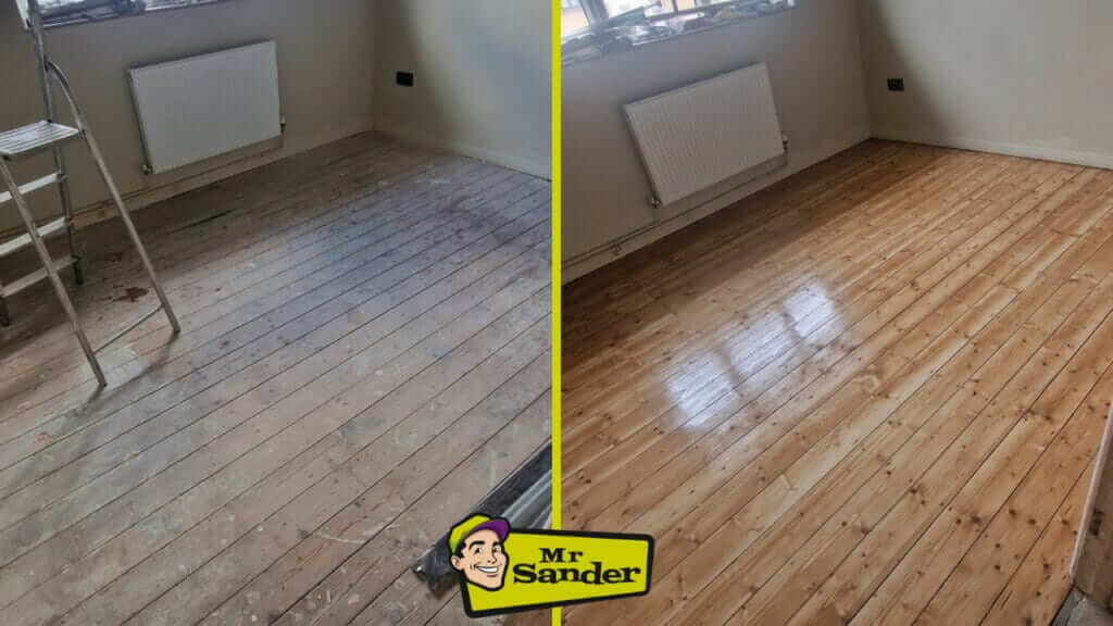 Before and after comparison of a pine wooden floor in Welling, UK, showing the results of floor sanding and refinishing by Mr. Sander®.