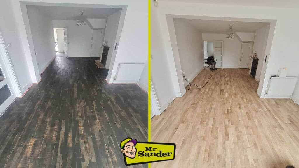 A before and after comparison of a living room floor sanding and refinishing project by Mr Sander®. The left side shows a dark, worn-out wooden floor, while the right side displays a bright, freshly sanded, and refinished floor. The Mr Sander® logo is centered at the bottom of the image.