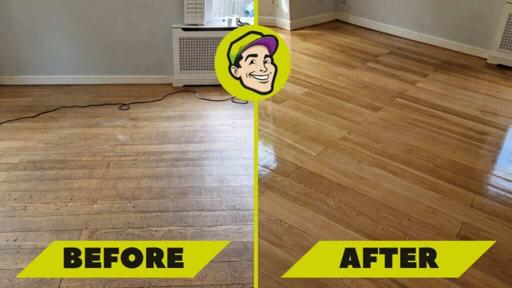 A before and after comparison of a wooden floor sanding and refinishing project by Mr Sander®. The left side shows a worn and dull floor, while the right side displays a newly sanded and polished floor with a glossy finish. The Mr Sander® logo is centered at the top, with "BEFORE" and "AFTER" labels at the bottom.