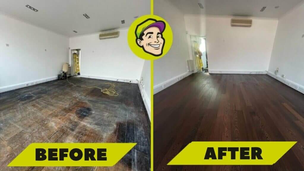 A comparison image showing a hardwood floor before and after sanding and refinishing by Mr Sander® in Biggin Hill, UK. The left side shows the hardwood floor with heavy wear, dirt, and stains, while the right side displays the same floor beautifully restored as engineered flooring with a smooth, polished finish.