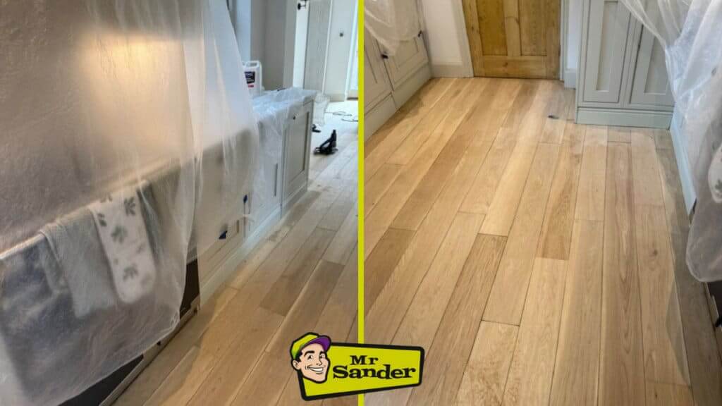 A before and after comparison of a hallway floor sanding and refinishing project done by Mr Sander®. The left side shows the floor covered in plastic sheets during the sanding process, while the right side displays the finished floor with a smooth and polished appearance. The Mr Sander® logo is placed at the bottom center of the image.