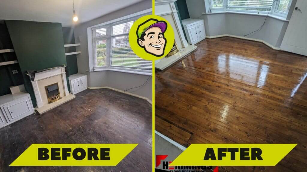Before and after images of a living room in a home in Crossness, UK, showing the transformation of a floor sanded and refinished by Mr. Sander. The floor is a pine hardwood, which has been restored to a smooth and polished finish, significantly enhancing the room's appearance.