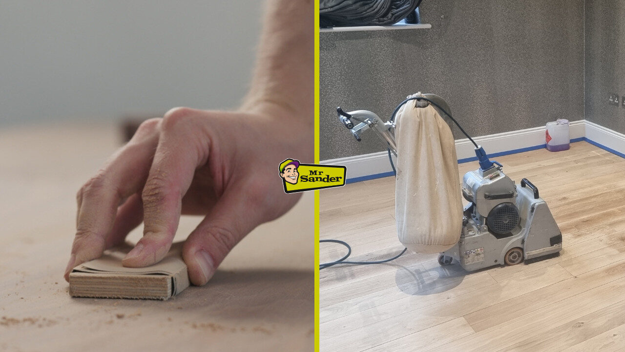 Side-by-side view of a person hand sanding wood on the left and a floor sanding machine on the right, illustrating the two approaches discussed in the blog post on Hand Sanding vs. Machine Sanding.