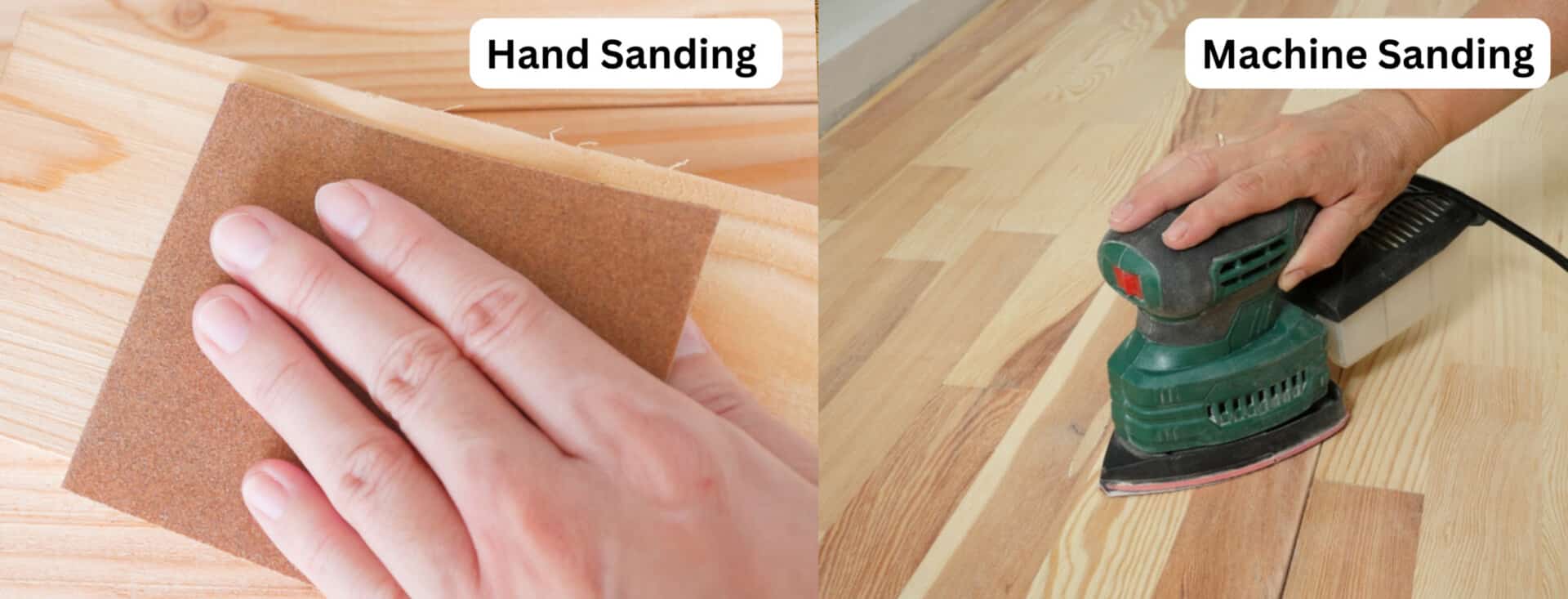 Side-by-side images of hand sanding and machine sanding on wooden floors.