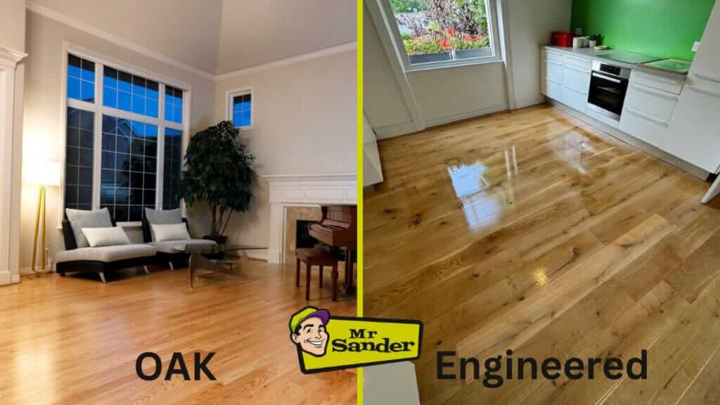 A comparison of two rooms with different types of wooden flooring. On the left, a living room with tall windows and a cozy seating area features oak flooring with a natural finish. On the right, a modern kitchen with white cabinets and a green accent wall showcases engineered wood flooring with a glossy finish. The Mr. Sander® logo is displayed at the bottom center, with labels indicating "OAK" on the left and "Engineered" on the right.