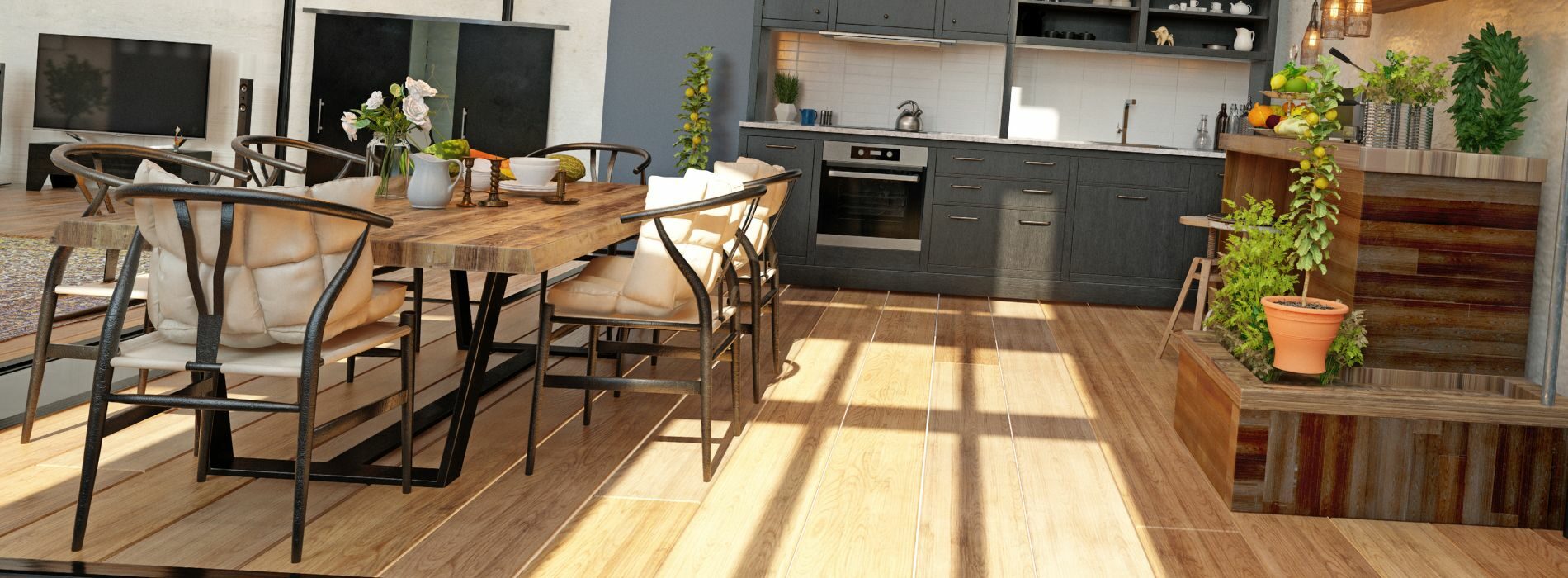A kitchen and dining room with a wooden floor.