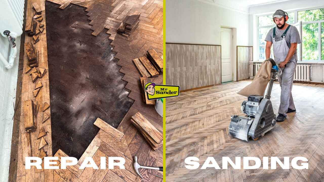 A side-by-side view showing the repair of damaged herringbone oak parquet (left) and a flooring specialist sanding the restored parquet surface (right) with professional equipment.