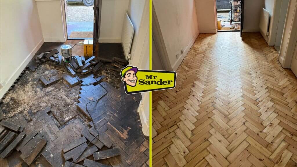Before and after comparison of a herringbone parquet wood floor restoration in Manchester, showcasing repair, sanding, polishing, and lacquering by Mr Sander.