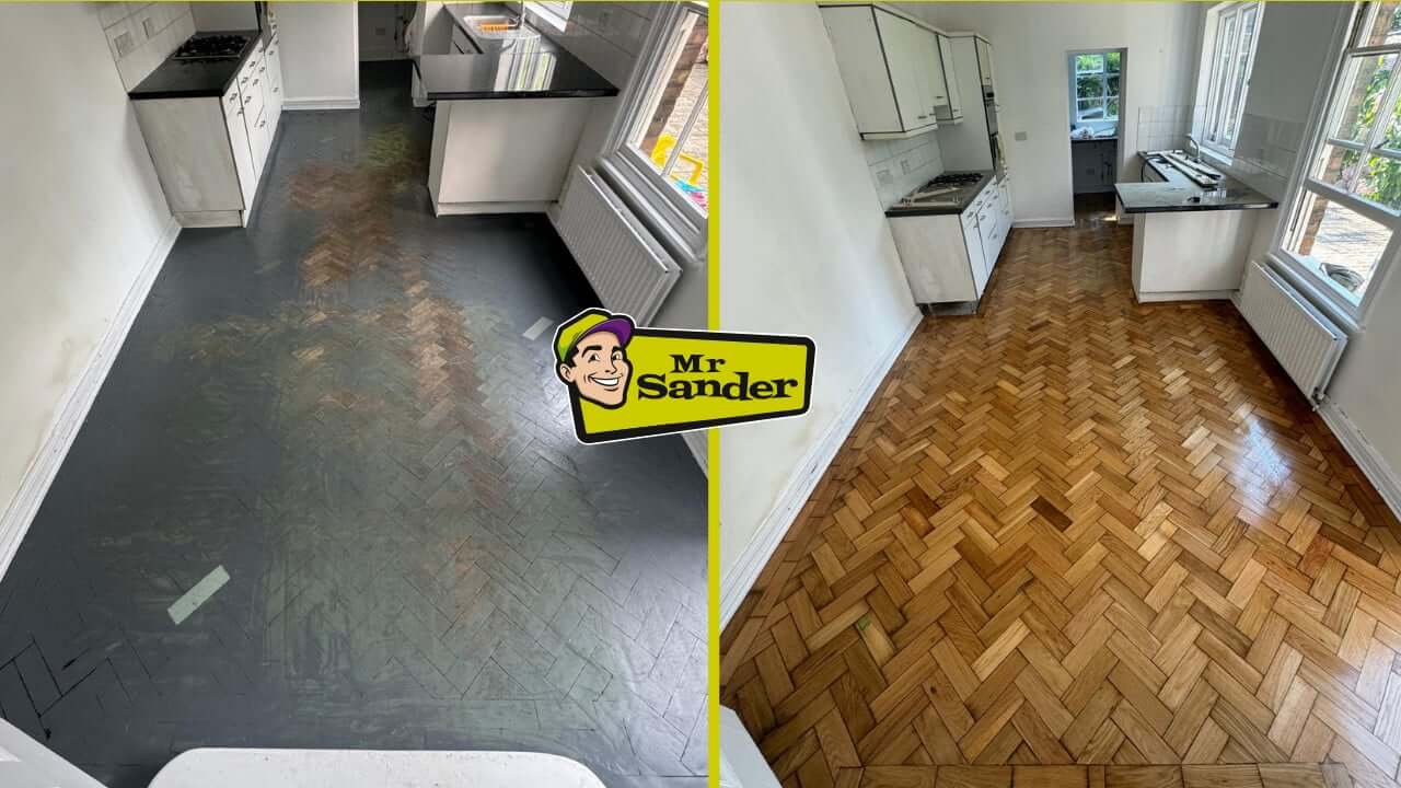 Before-and-after images of a herringbone parquet floor in a narrow kitchen, previously painted dark, now fully sanded and finished with a natural oak sheen by Mr Sander® in the UK.