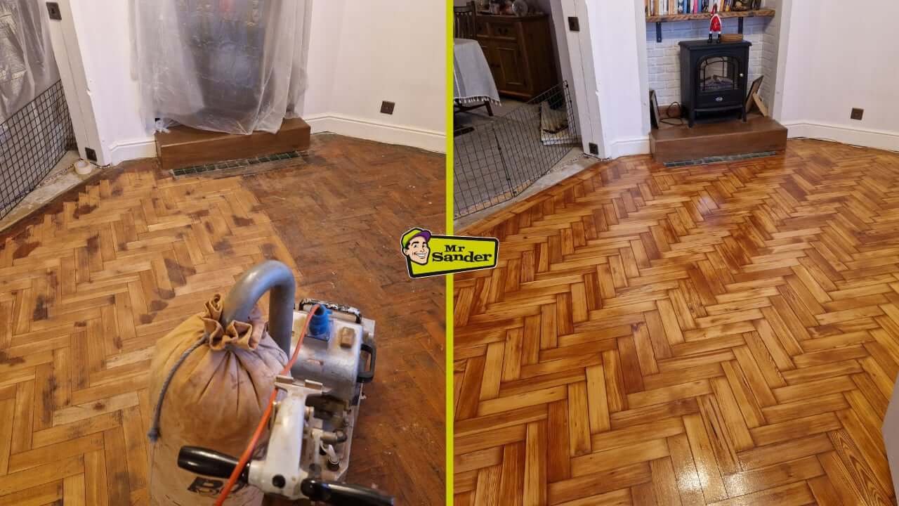 Before-and-after images of a herringbone parquet wood floor in a living room, showing the original heavily worn surface on the left and a newly sanded, glossy honey-colored finish on the right, professionally restored by Mr Sander® in the UK.
