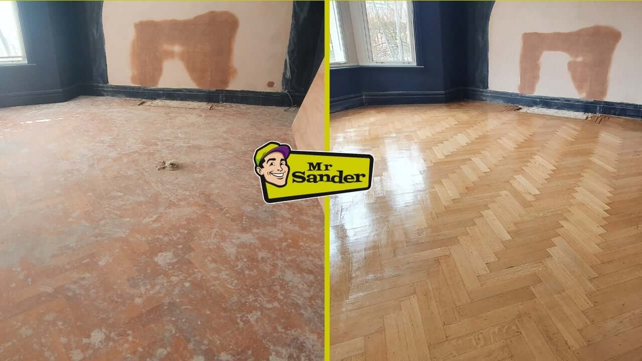 Before-and-after comparison of a herringbone parquet floor, sanded and refinished to a natural oak colour by Mr Sander® in the UK.